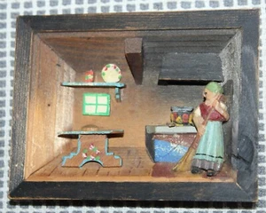 VINTAGE Carved Wood KITCHEN SCENE Room Box MINIATURE - Picture 1 of 4