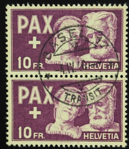1945 Schweiz, 10 Fr Höchstwert der Pax-Serie im gest. senkr. Paar, MiNr. 459 - Bild 1 von 2