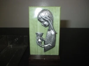 Vintage Silver Girl Figure With Chalice/Green Marble Background - Picture 1 of 4