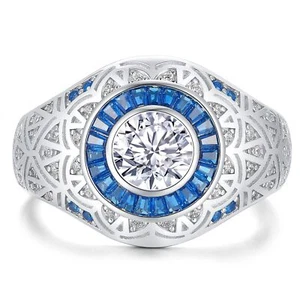 D Color VVS1 Moissanite Men Wedding Rings Sapphire Band 925 Sterling Silver - Picture 1 of 10