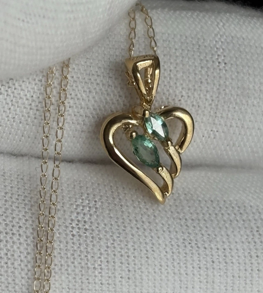 14k Yellow Gold Emerald Marquise Cut Heart Pendant Chain 18” Necklace Ladies - Image 1 of 4