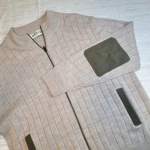 Orvis Merino Wool Sweater Mens L Oatmeal Ribbed Full Zip Elbow Patch Pockets - Picture 1 of 14