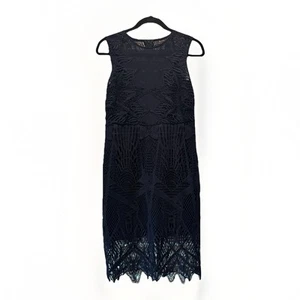 BARDOT Lace Pencil Navy Blue Sexy Sheer Top Midi Dress Date Formal Sz 6 Small - Picture 1 of 9