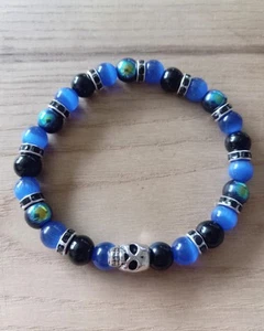 Skull Bracelet Black And Blue Stainless Steel Gothic Skeleton Men Bracelet - Picture 1 of 2