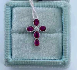 2Ct Oval Lab-Created Red Ruby Cross Pendant 14K White Gold Plated 16" Free Chai - Picture 1 of 4