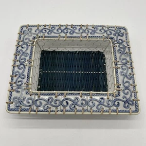 Blue And White Porcelain Tile Trim Wire Wicker Decorative Basket 12”x9.5”x2.5” - Picture 1 of 7