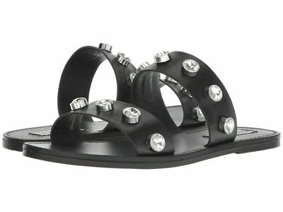 Steve Madden Black Sandals Jessy Jeweled Leather Slide Flats Shoes 6 6.5 7 7.5 - Image 1 of 4