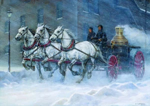 Fire Call by Chris Cummings Fine Art Print Fireman Firefighter Horse Wagon 23x32 - Picture 1 of 1