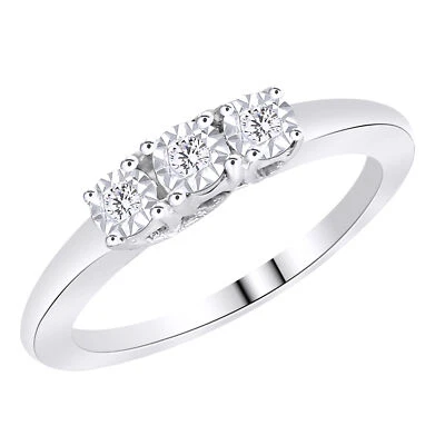 Anillo de compromiso redondo de tres piedras con diamantes naturales de plata de ley 925 maciza Foto 1 de 3