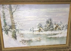 Willi Bauer Untitled Original Winter Landscape Scene Oil Painting on Canvas - Picture 1 of 5