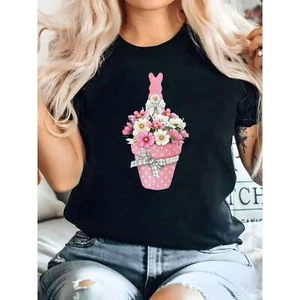 plus size women's casual black printed rabbit pattern T-shirt, short sleeved - Picture 1 of 12