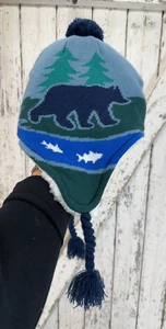 Lands End Kids Bears Fish Fleece Lined Winter Hat Size M-L Pom Pom - Picture 1 of 4