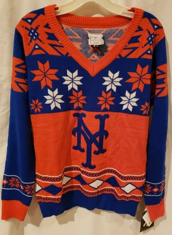 NWT New York Mets MLB Sweater Womans Medium Genuine Merch By Klew V-neck Blue Cover