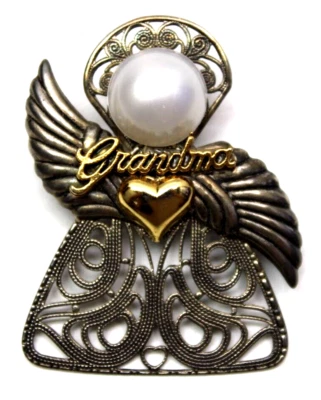 Broche prendedor imitación madreperla alas de plata corazón dorado 2,5"x 2" Foto 1 de 3