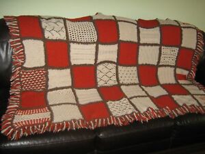 Handmade Crochet Throw Afghan Granny Square Rust Brn Cream 48" X 64" Fringe Sofa