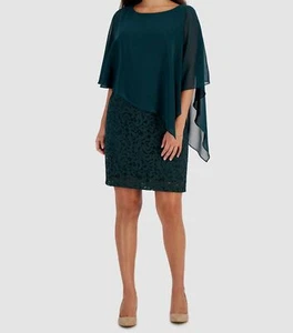 Connected Women's Green Petite Cape-Embellished Lace Sheath Dress Size 12P - Picture 1 of 2