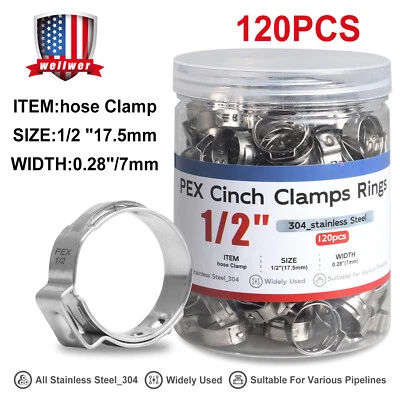 120Pcs 1/2" PEX Stainless Steel Clamp Cinch Rings Crimp Pinch Fitting - Image 1 of 4