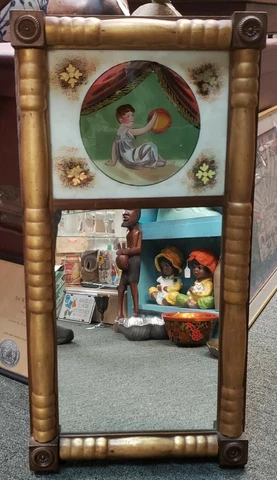 Circa 1870 French Trumeau Gilded Eglomise Child Playing Tambourine Motif Mirror Cover