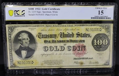 Certificado de oro de $100 de 1922 Fr#1215 Speelman/blanco graduación profesional F15 Foto 1 de 2