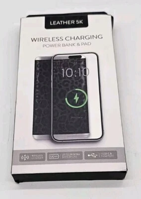 5K Leather Wireless CHARGING Power Bank And PAD Black Animal Print - Image 1 of 4