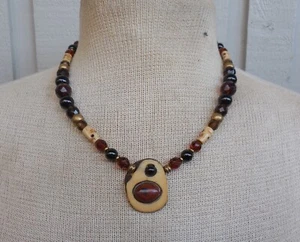 Amulet Carved Prosperity Rune Tagua Obsidian Onyx Inlay Skull & Stone Beads OOAK - Picture 1 of 12