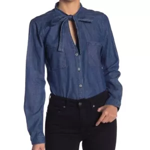 New Sanctuary Denim Split Tie Neck Long Sleeve Button Down Shirt Blue Size XS - Picture 1 of 16