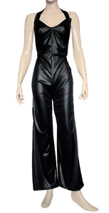 Vintage 1970s Black Nylon Halterneck Flared Jumpsuit Size UK 12 - Picture 1 of 9