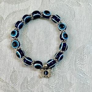 Blue Evil Eye Good Luck Stretch Bracelet Butterfly Charm Fashion Jewelry - Picture 1 of 4