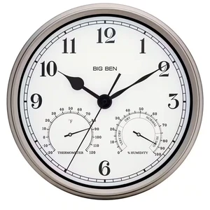 Silver Finish 12 In. round Metal Frame Outdoor Wall Clock - Picture 1 of 12