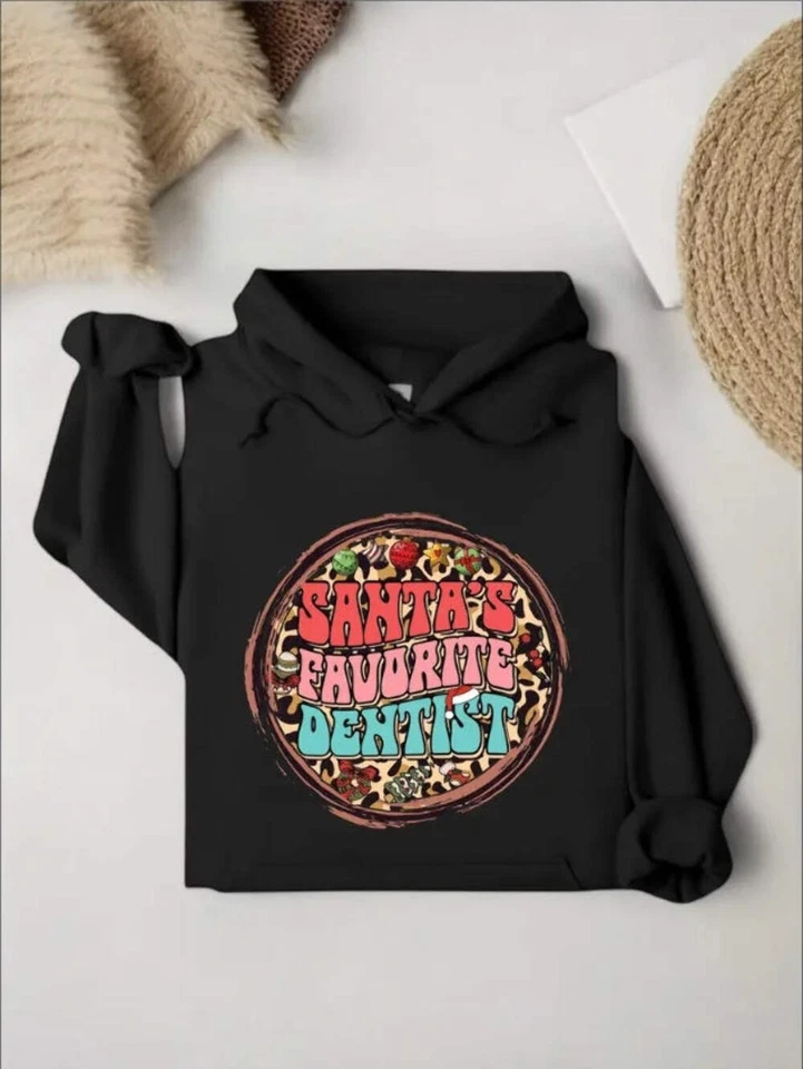 Leopard Wavy Staked Santa's Favorite Dentist Christmas Hoodie, Dental Student Xm — 第 1/4 张图片