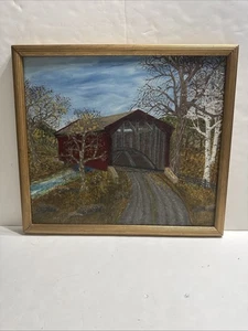 Quadro acrilico vintage incorniciato firmato E. M. Berg Road/Americana ponte coperto - Foto 1 di 21