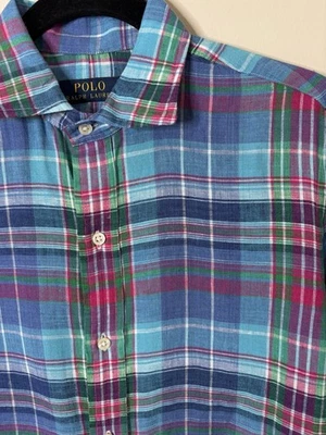 Polo Ralph Lauren 100% Linen Long Sleeve Colorful Plaid Shirt Men's Size Small - Image 1 of 4