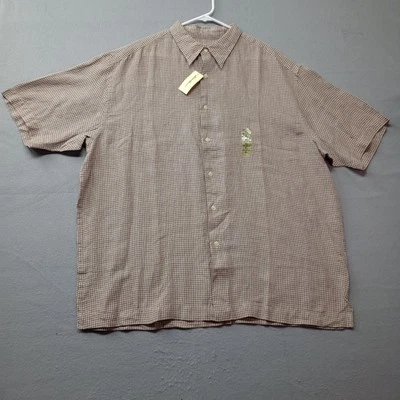 Vintage Eddie Bauer Mens XL 100% Linen Short Sleeve Shirt Brown Check Squares - Image 1 of 4
