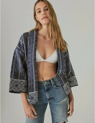 Chaqueta estilo kimono de algodón azul bordado Lucky Brand cierre cinturón talla M/L Foto 1 de 4