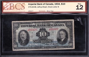 Imperial Bank Of Canada 1934 $10 Ten Dollar Banknote Jaffary - Rolph BCS F - 12 - Picture 1 of 2