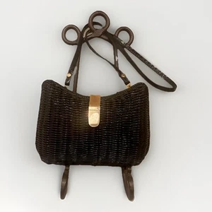 Magid British Hong Kong Woven Wicker Like Basket Purse Handbag Black Gold MCM - Picture 1 of 9