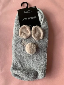 BNWT Cosy footsie Cat Socks by M & Co Grey & Pink - Picture 1 of 4