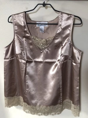 De Colección Denim 24/7 Para Mujer 14W Beige Tostado Cami Sedoso Sin Mangas Encaje Lentejuelas Oro Rosa Foto 1 de 4