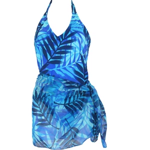 Jantzen Tankini 3 Piece Swim Suit Skirt Scarf Wrap Blue Palm Leaves Summer 12 - Picture 1 of 12