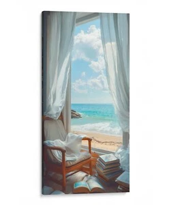 Serene Beach Window View Canvas Art Print, Coastal Home Decor - Picture 1 of 11