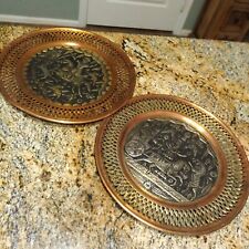 Vtg Persian Hand Hammered Copper Tinned Decorative Wall Hanging Plate Lot of 2