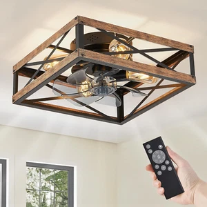 Caged Low Profile Ceiling Fans with Lights and Remote, Rustic Square Flush Mount - Picture 1 of 7