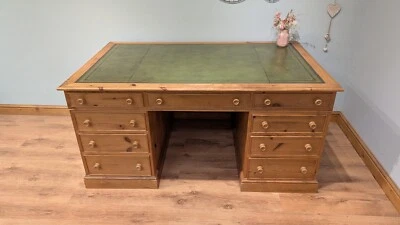 Vintage Pine Leather Topped Double Pedestal Desk Sideboard - Image 1 of 4