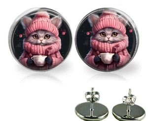 Gray Tabby Anime Kittey Cat Drinking Hot Cocoa Stud Earrings Cat Mom Gift - Picture 1 of 3