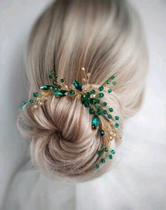 Bridal Hair Pin Emerald Gold Hair Piece Emerald Hair Clip Gold Green Hairpin ... - Picture 1 of 5