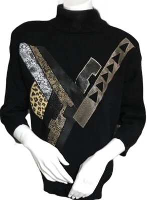 GITANO Sweater Sz Medium Black Vintage Turtleneck Reptile Applique Shoulder Pads - Image 1 of 4