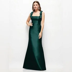 ALFRED SUNG Satin Fit & Flare Maxi Dress Gown Size 12 Evergreen Bows Formal Prom - Picture 1 of 12