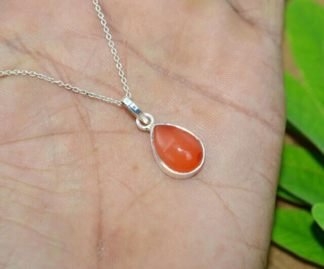 Spirituale Crescita Arancione Corniola Pera Gemma 925 Argento Sterling Collana - Immagine 1 di 4