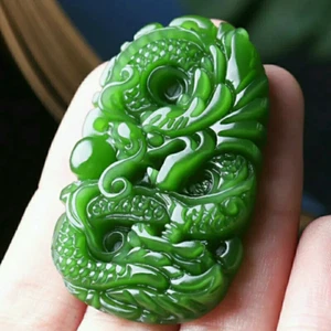 Natural Green Hetian Jade Stone Dragon Pendant Necklace Carved Chinese Jadeite - Picture 1 of 6