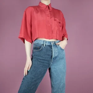VINTAGE 80s 90s Red Crop Grunge Womens short Silk Blouse Shirt Top Small 10 12 - Picture 1 of 15